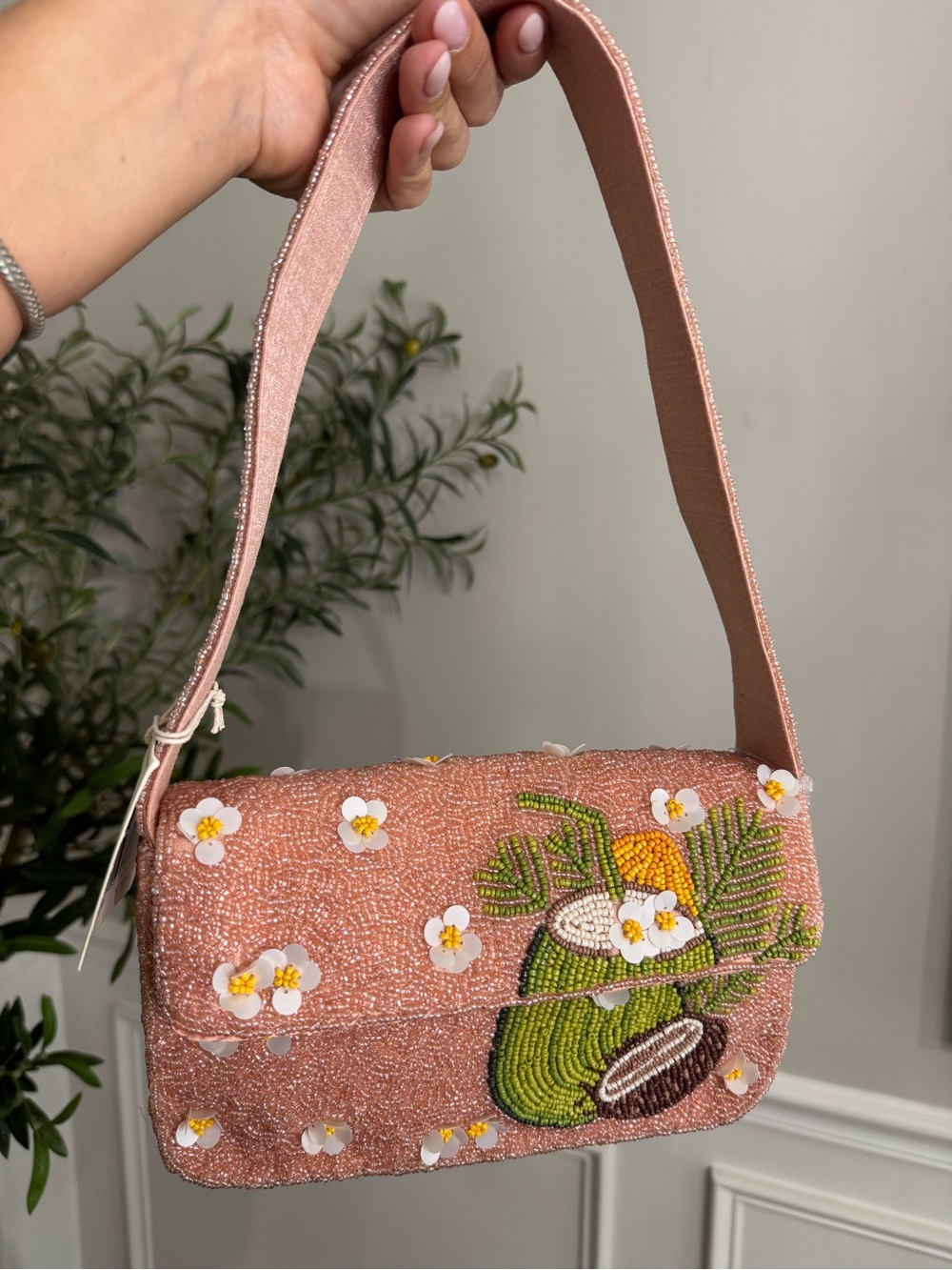 Beaded Pink Floral Coconut Shoulder Bag